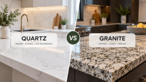 Side-by-side comparison of a white quartz kitchen countertop and a speckled granite kitchen countertop